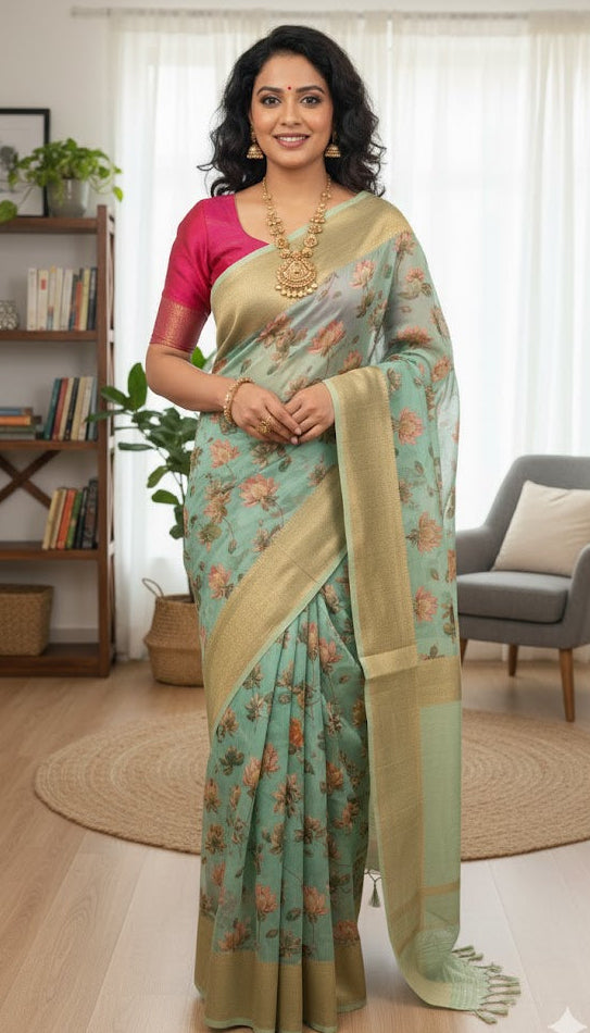 Ethereal Sea Green Floral Saree